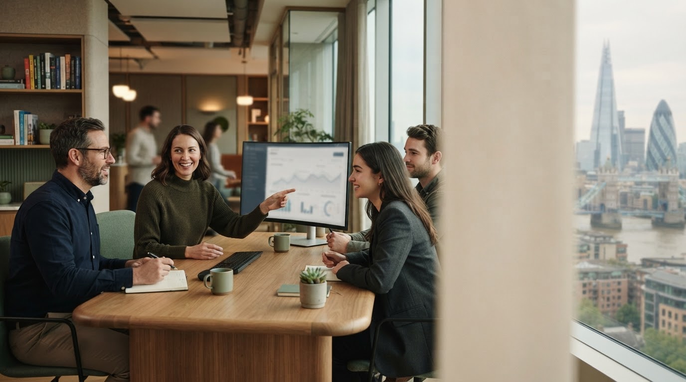 Findmerit Analytics analyst reviewing financial data charts in a calm, modern office setting